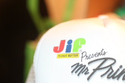 Vintage Jif Peanut Butter Presents Mr Pringles Trucker Hat Promo Snapback Cap USA