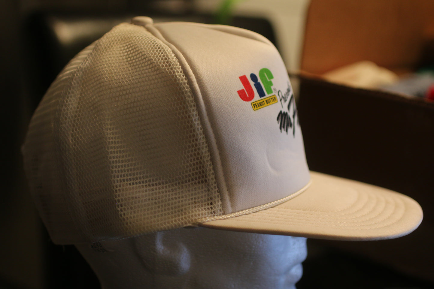 Vintage Jif Peanut Butter Presents Mr Pringles Trucker Hat Promo Snapback Cap USA