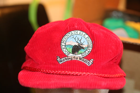 Vintage Red Corduroy Strapback Hat Moose Mountain Elk Lodge Outdoor USA Made