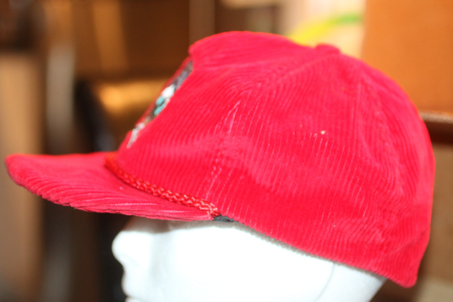 Vintage Red Corduroy Strapback Hat Moose Mountain Elk Lodge Outdoor USA Made