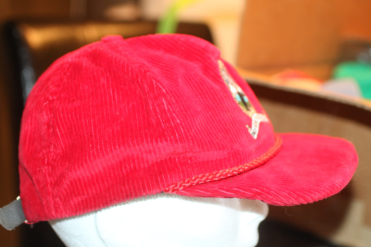 Vintage Red Corduroy Strapback Hat Moose Mountain Elk Lodge Outdoor USA Made