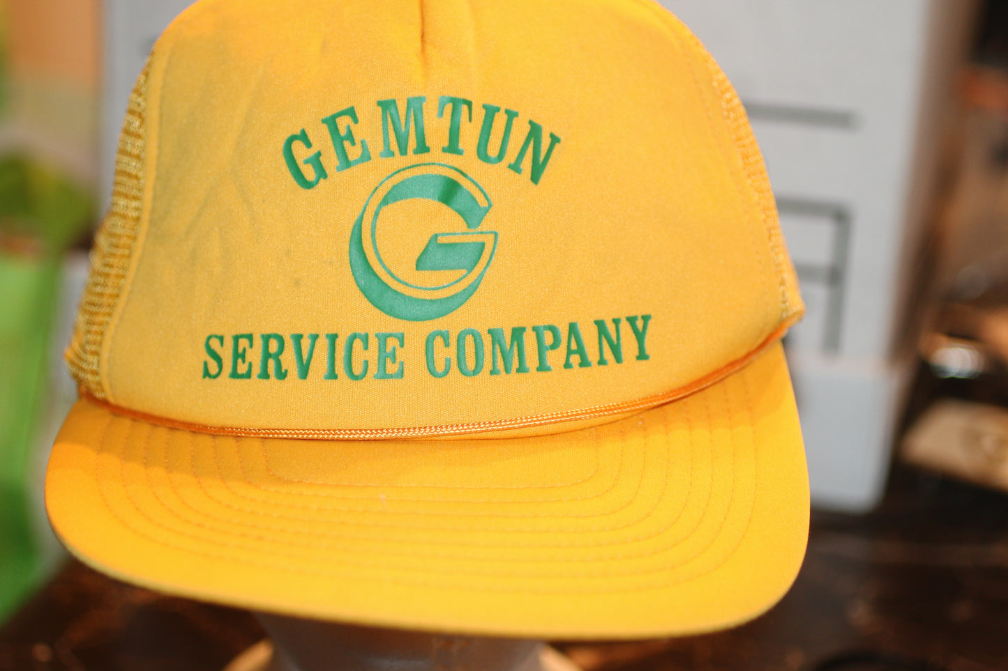Vintage GEMTUN Service Company Trucker Hat Yellow Mesh Promo Advertising Cap