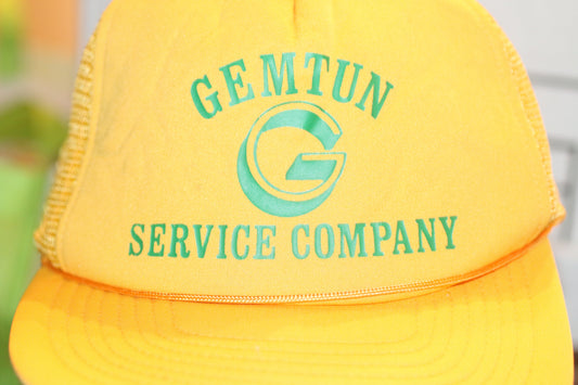 Vintage GEMTUN Service Company Trucker Hat Yellow Mesh Promo Advertising Cap