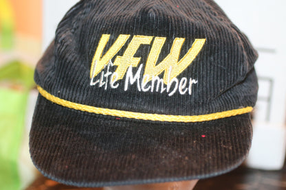 Vintage KFW Life Member Corduroy Hat Black Gold Rope Cap Adjustable USA