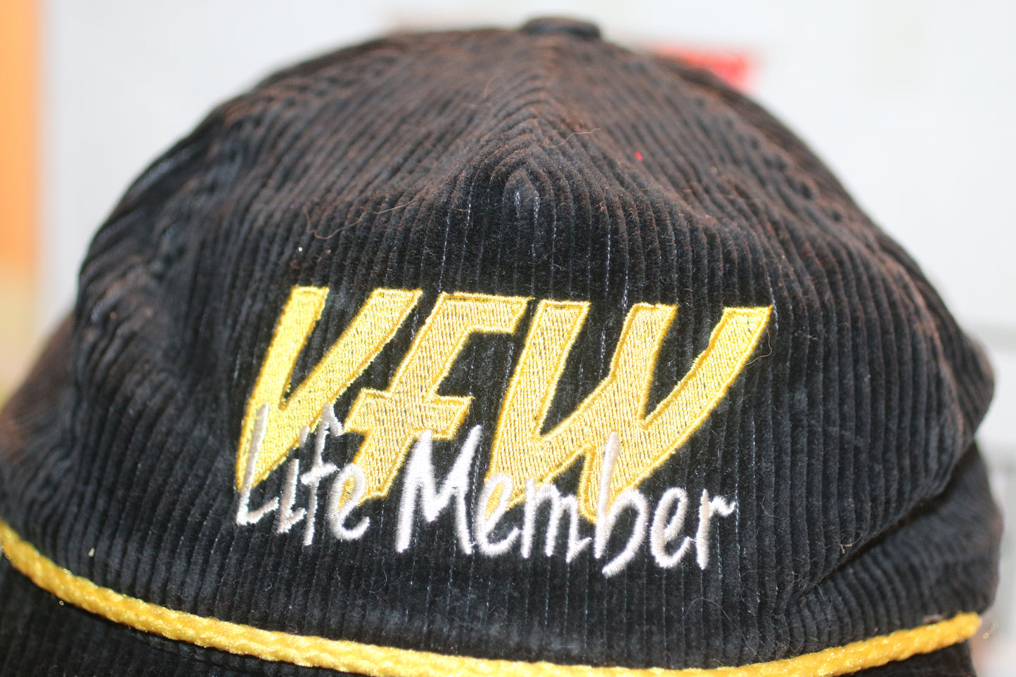 Vintage KFW Life Member Corduroy Hat Black Gold Rope Cap Adjustable USA