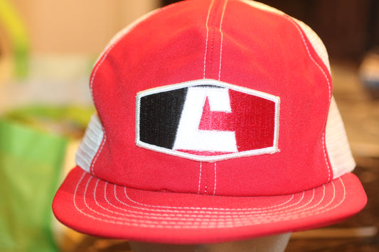 Vintage Red White Trucker Snapback Hat Bold “C” Logo Cement Back Adjustable