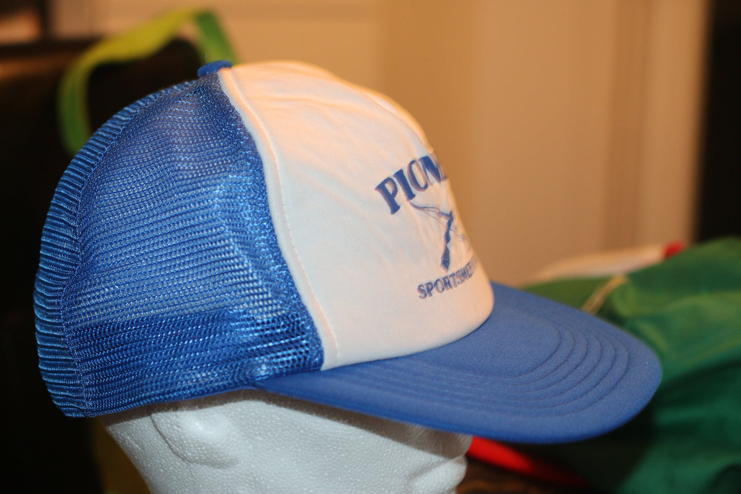 Vintage Pioneer Sportsmen Inc Trucker Hat Blue White Snapback USA Hunting Fishing