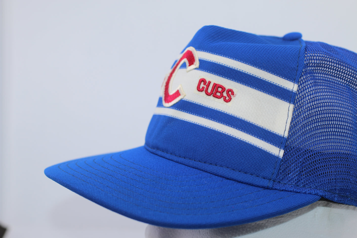 RARE Vintage AJD Chicago Cubs Wide Bill Stripes Trucker Snapback Hat VTG USA MLB