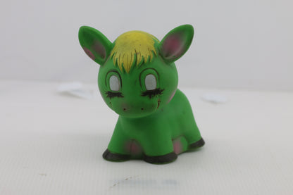 Vintage Lime Green Donkey Rubber Squeaky Toy w/ Sleepy Eyes & Yellow Hair – Cute Retro Figure