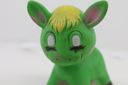 Vintage Lime Green Donkey Rubber Squeaky Toy w/ Sleepy Eyes & Yellow Hair – Cute Retro Figure