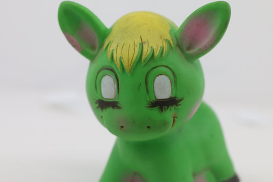 Vintage Lime Green Donkey Rubber Squeaky Toy w/ Sleepy Eyes & Yellow Hair – Cute Retro Figure