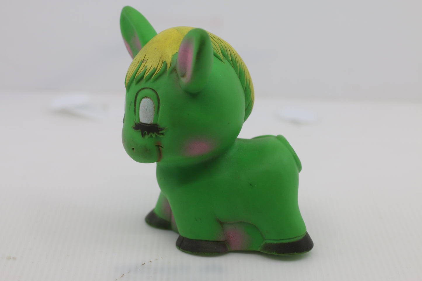 Vintage Lime Green Donkey Rubber Squeaky Toy w/ Sleepy Eyes & Yellow Hair – Cute Retro Figure