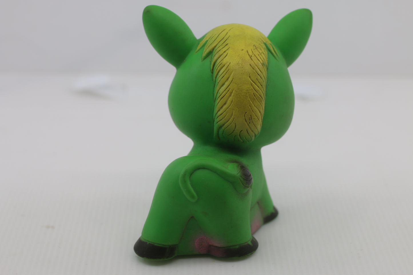 Vintage Lime Green Donkey Rubber Squeaky Toy w/ Sleepy Eyes & Yellow Hair – Cute Retro Figure