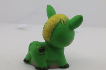Vintage Lime Green Donkey Rubber Squeaky Toy w/ Sleepy Eyes & Yellow Hair – Cute Retro Figure