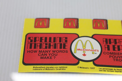 Vintage 1987 McDonald’s Spelling Machine Pull Tab Puzzle Canada Unused