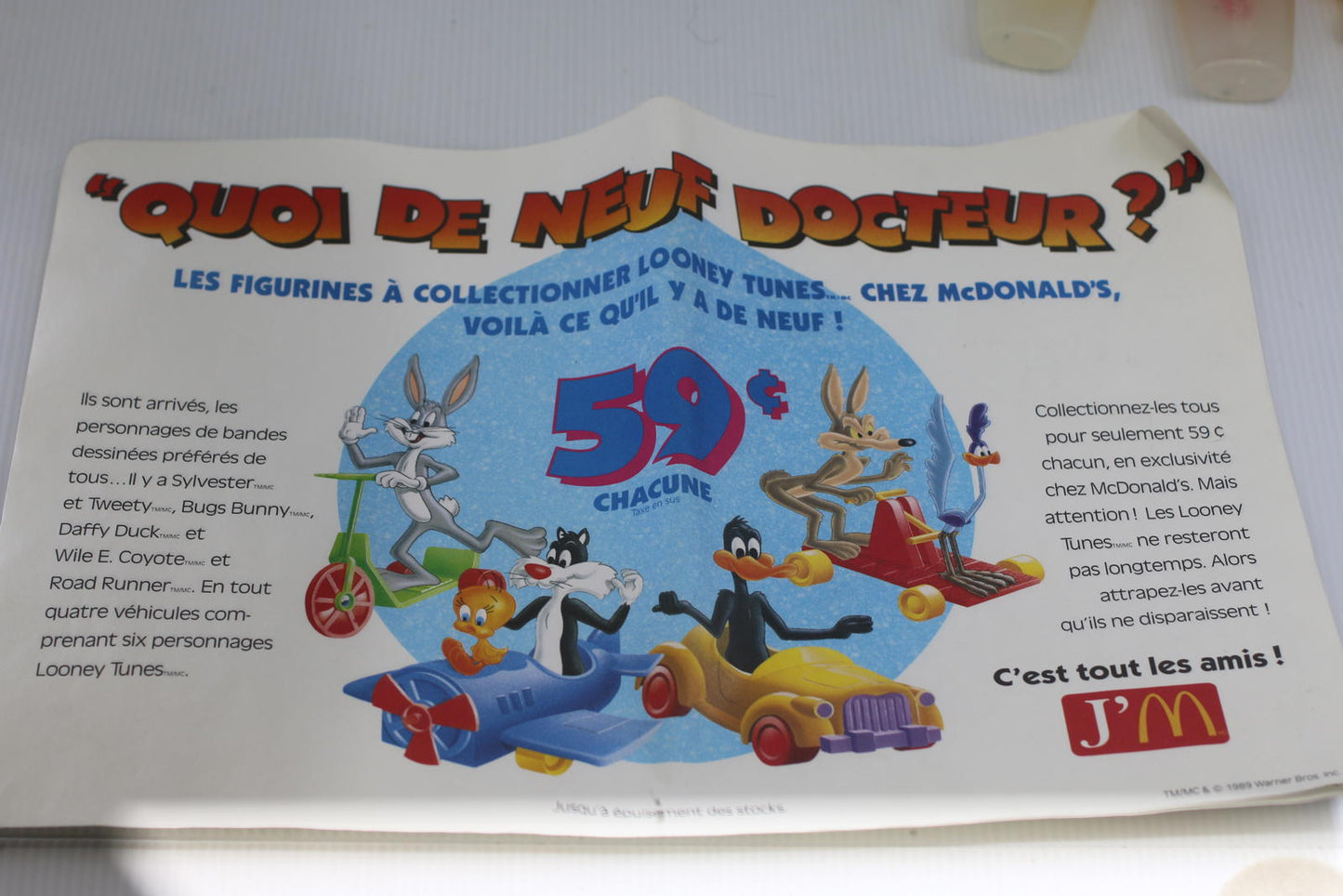 Vintage McDonald's Looney Tunes Paper Placemat Tray Liner 1989 Bugs Bunny Promo