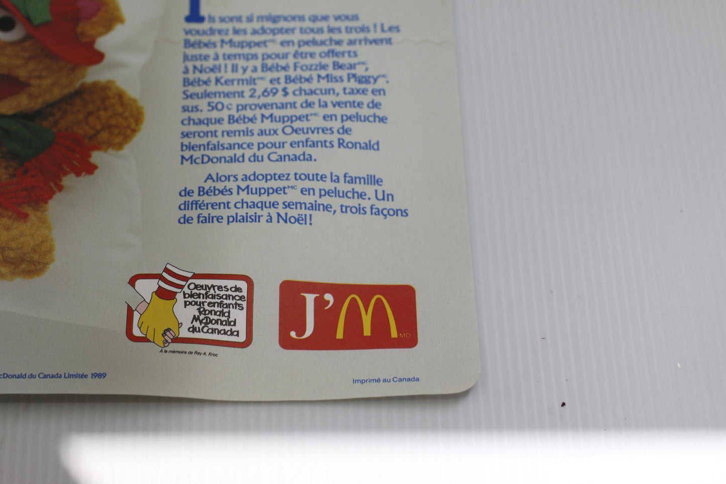 Vintage 1989 McDonald's Baby Muppets Christmas PaperPlacemat TrayLiner JimHenson