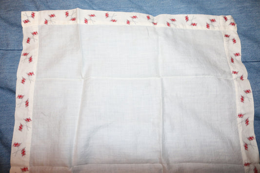 Vintage White Cotton Handkerchief with Red Cross Stitch Border – Linen Textile