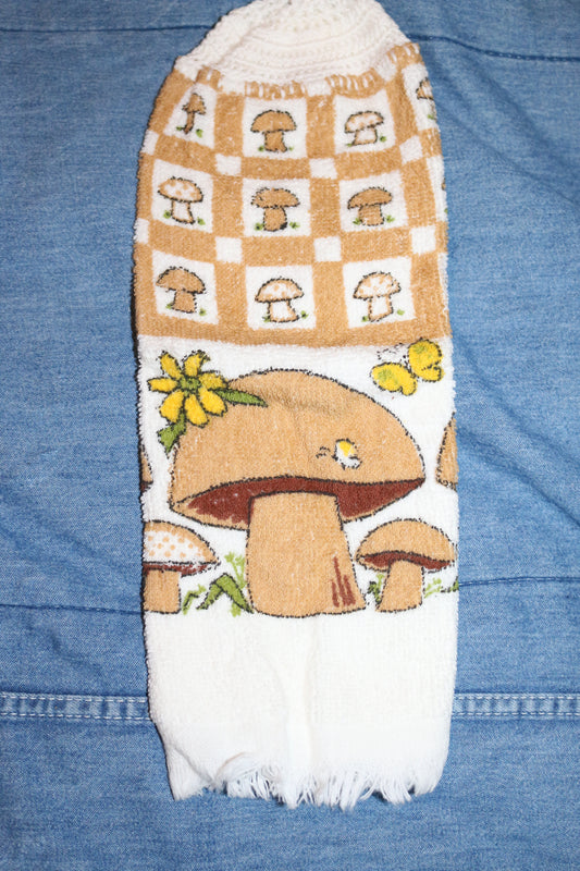 Vintage Hanging Kitchen Towel w/ Cord – Mushroom Pattern Terry Cloth – Cottage Decor