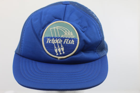🧢 Vintage “Triple Fish” Trucker Hat – Blue Mesh Snapback
