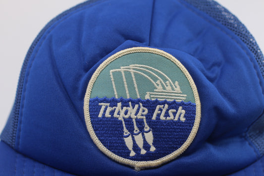 🧢 Vintage “Triple Fish” Trucker Hat – Blue Mesh Snapback