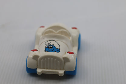 Vintage Smurfs Plastic Toy Car White Blue Wheels European 1970s 1980s Loose