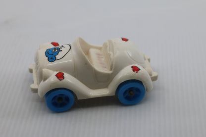Vintage Smurfs Plastic Toy Car White Blue Wheels European 1970s 1980s Loose