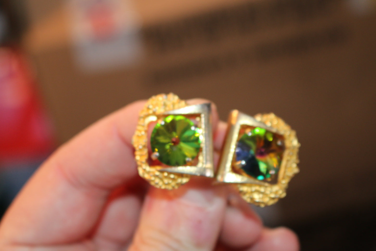 Vintage and rare 2 Rainbow Rivoli Gold Mesh Cufflinks