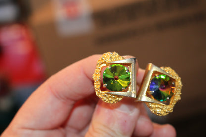 Vintage and rare 2 Rainbow Rivoli Gold Mesh Cufflinks