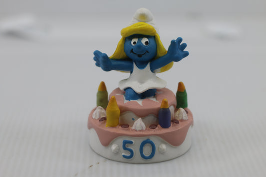 RARE SMURFS 20704 Surprise Party Smurfette 50th Birthday Cake Smurf PVC FigureRARE SMURFS 20704 Surprise Party Smurfette 50th Birthday Cake Smurf PVC Figure