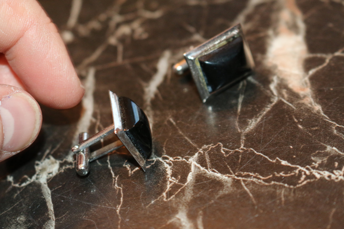 Vintage Rectangular Black Onyx style Custom Silver Cufflinks