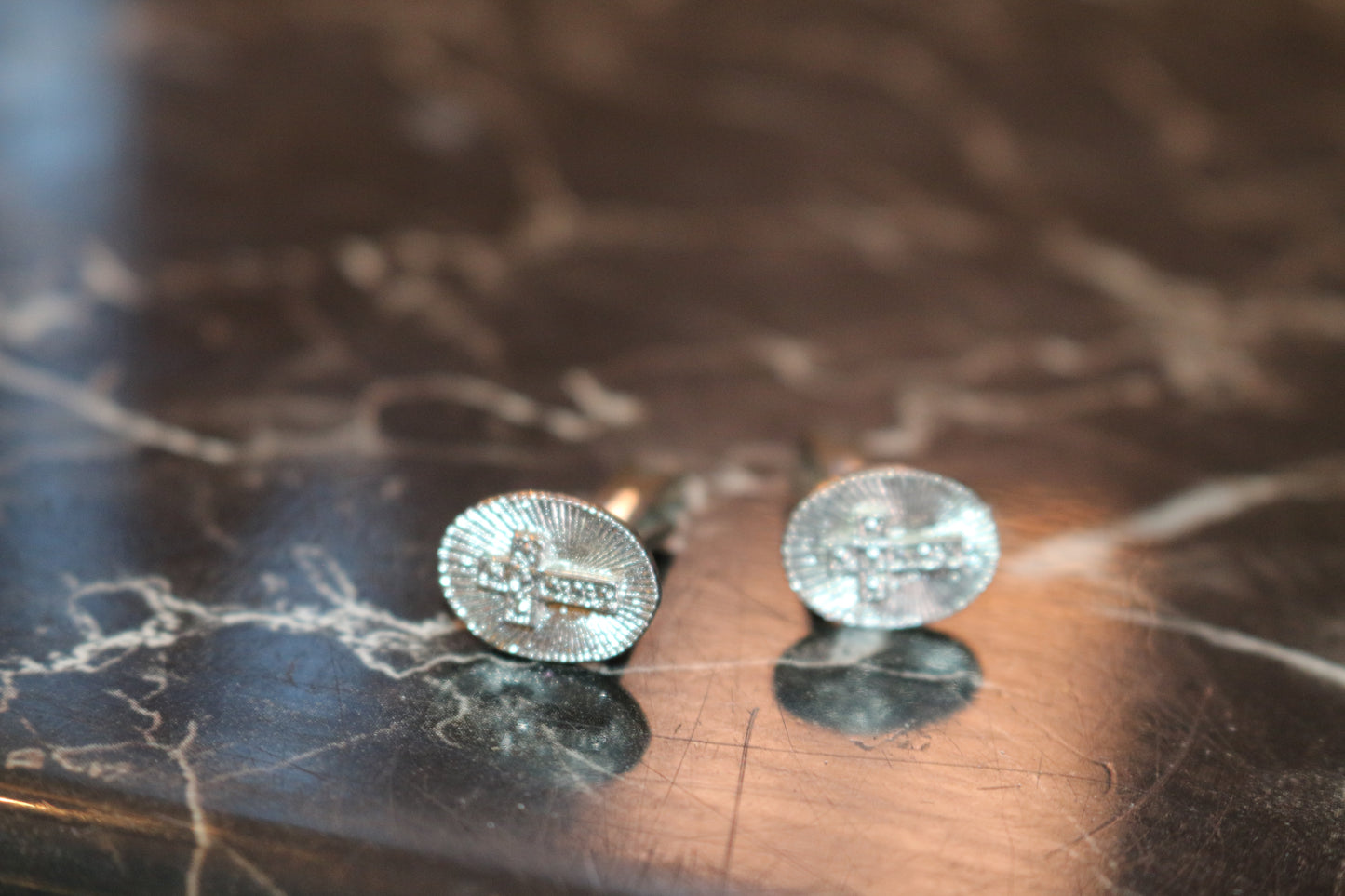 Vintage Silver Cross Cufflinks Etched Rays Background...Religious Cufflink