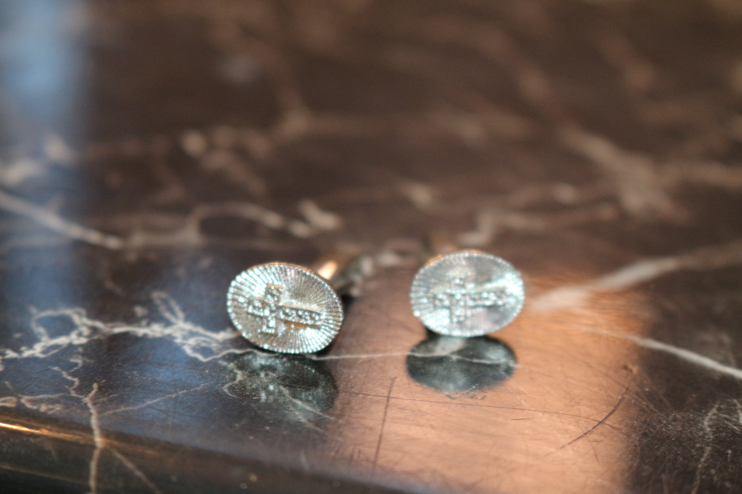 Vintage Silver Cross Cufflinks Etched Rays Background...Religious Cufflink