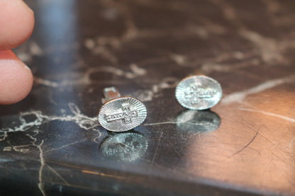 Vintage Silver Cross Cufflinks Etched Rays Background...Religious Cufflink