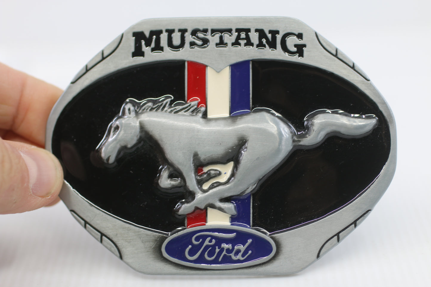Ford Mustang Pony Belt Buckle Silver Black Tricolor Stripe Muscle Car V8