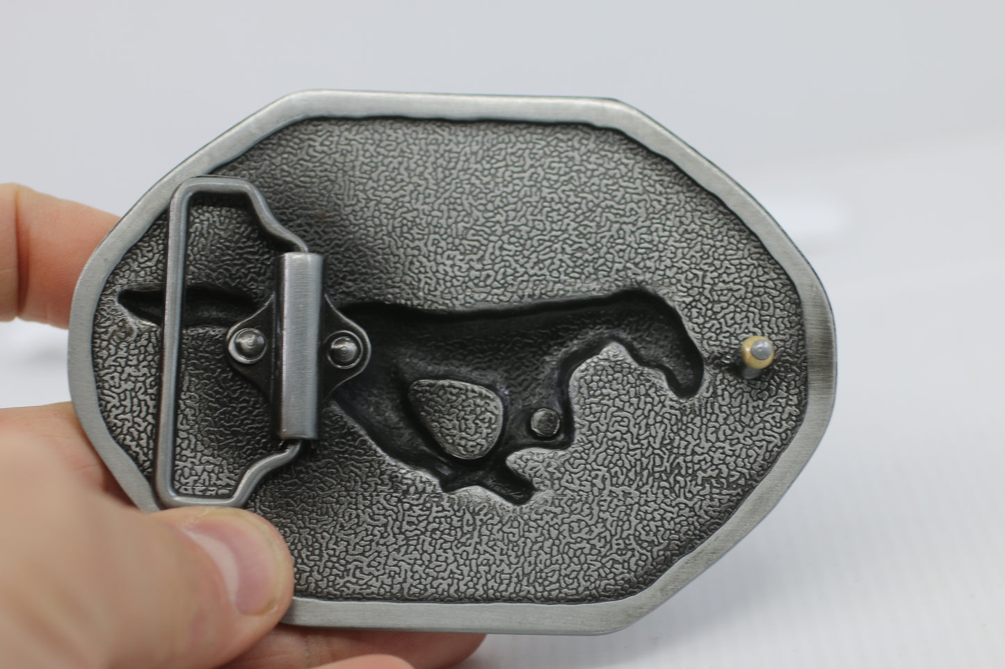 Ford Mustang Pony Belt Buckle Silver Black Tricolor Stripe Muscle Car V8