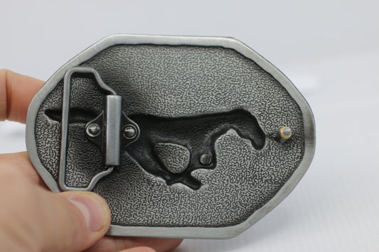 Ford Mustang Pony Belt Buckle Silver Black Tricolor Stripe Muscle Car V8
