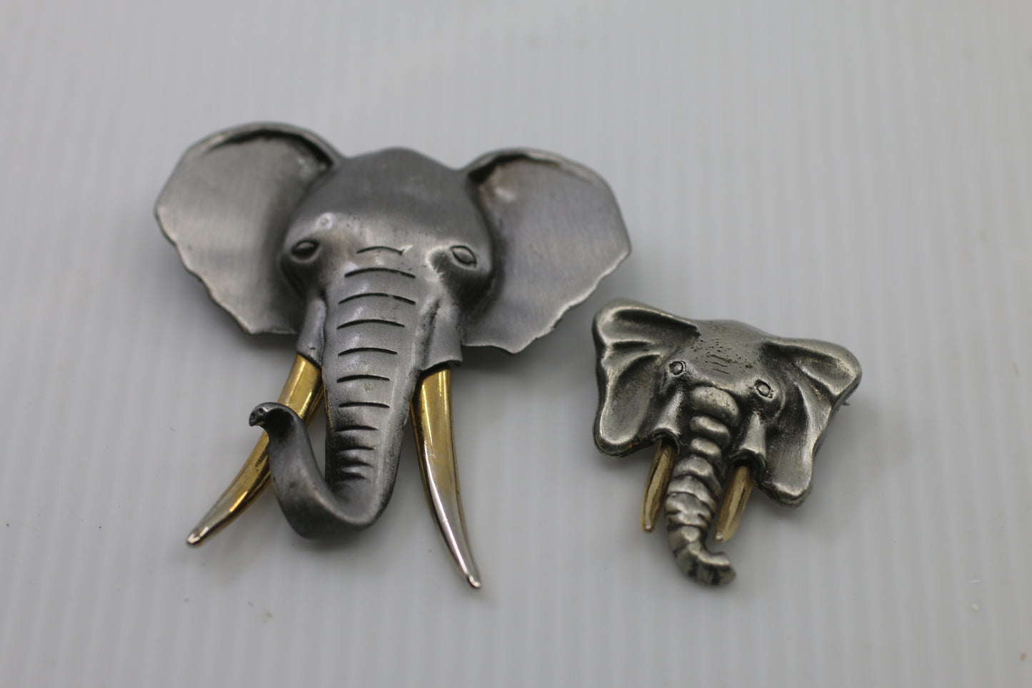 Vintage Elephant Head Lapel Pins Set of 2 Pewter Tone Brass Tusks Animal Jewelry