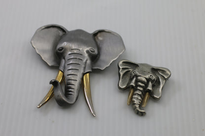 Vintage Elephant Head Lapel Pins Set of 2 Pewter Tone Brass Tusks Animal Jewelry