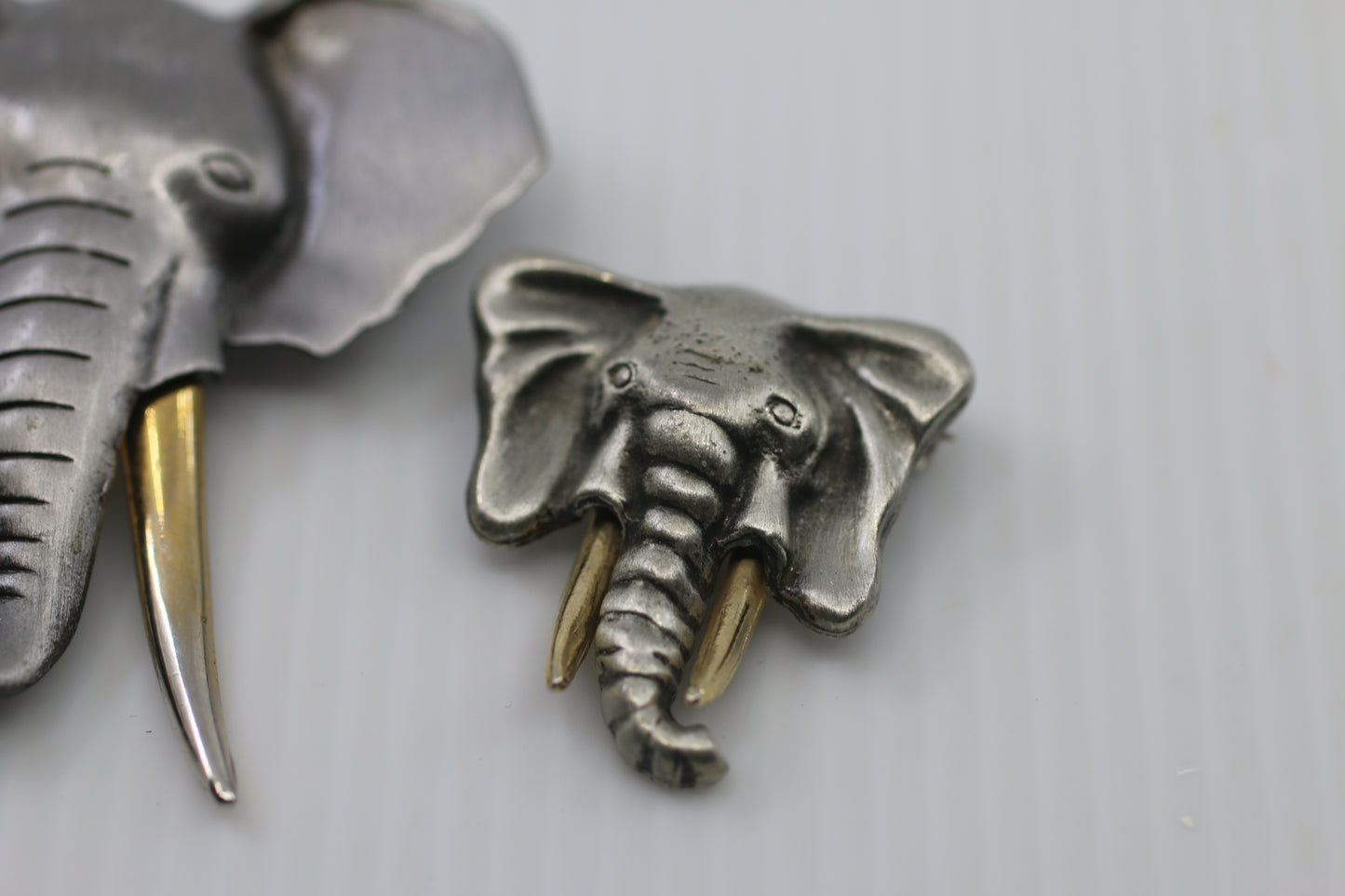 Vintage Elephant Head Lapel Pins Set of 2 Pewter Tone Brass Tusks Animal Jewelry