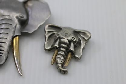 Vintage Elephant Head Lapel Pins Set of 2 Pewter Tone Brass Tusks Animal Jewelry