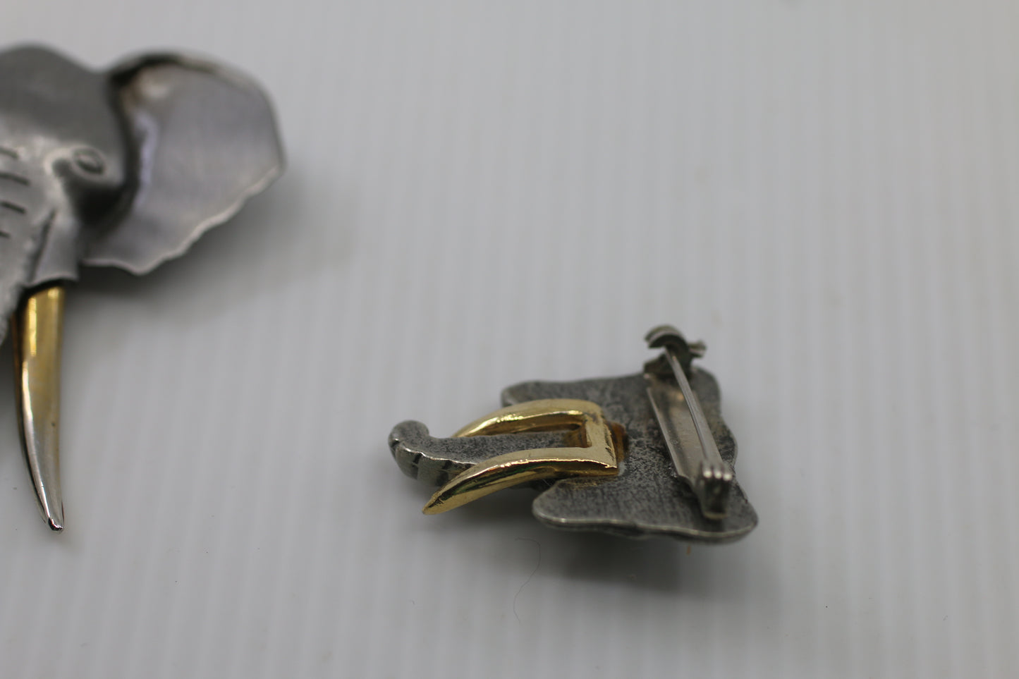 Vintage Elephant Head Lapel Pins Set of 2 Pewter Tone Brass Tusks Animal Jewelry