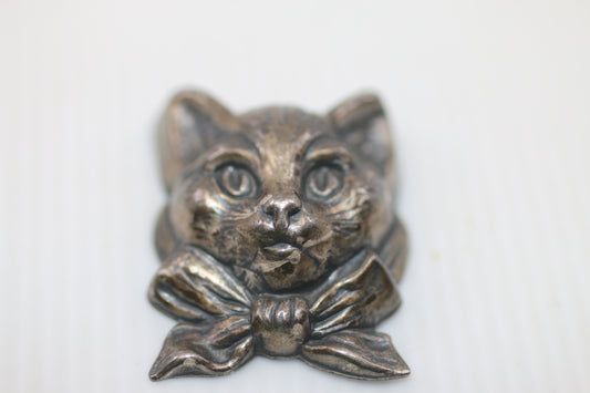 Vintage Pewter Cat Brooch Pin with Bow Tie – Solid Metal Animal Jewelry