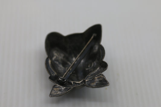 Vintage Pewter Cat Brooch Pin with Bow Tie – Solid Metal Animal Jewelry