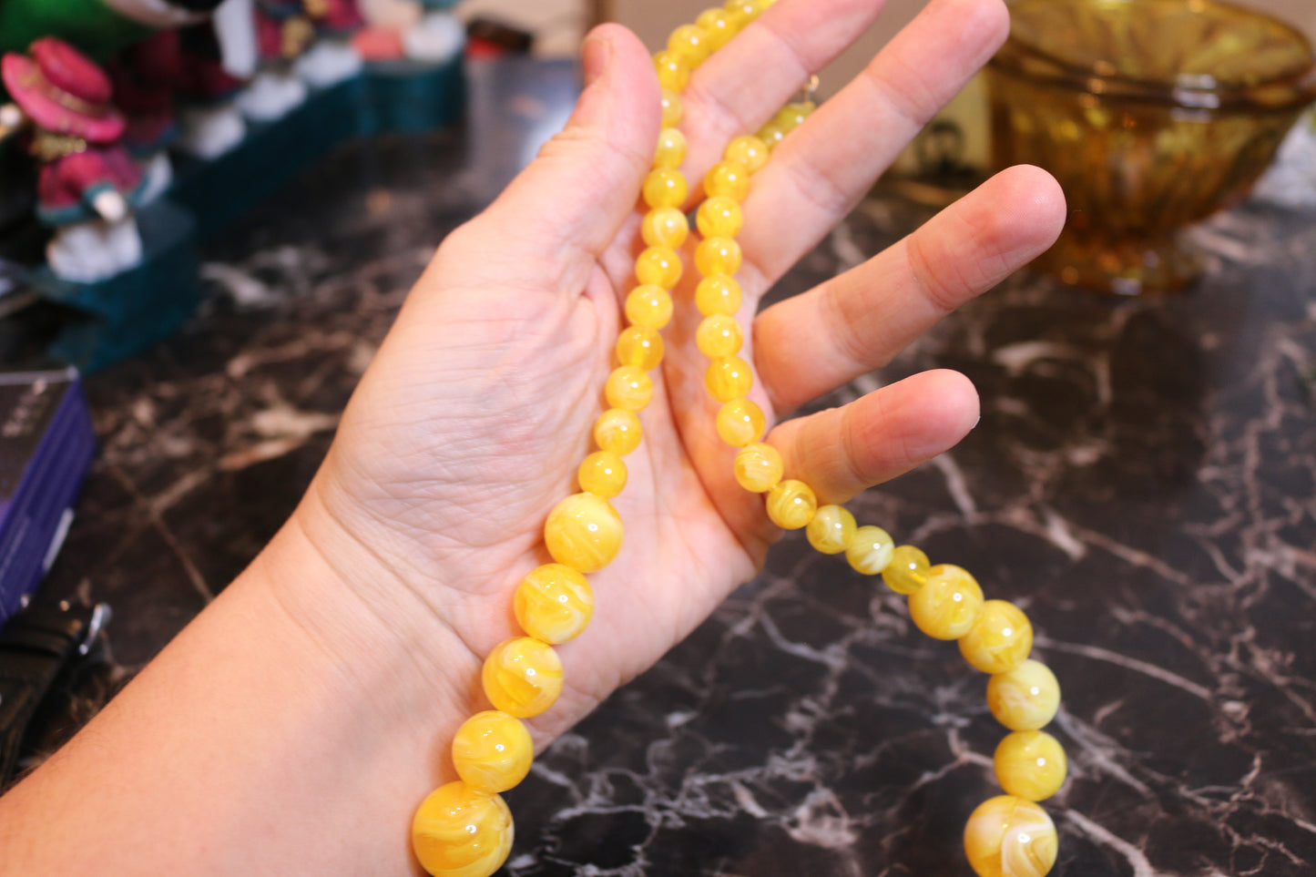 Vintage style Marbled egg yolk Resin beads handmade Necklace from 1960's