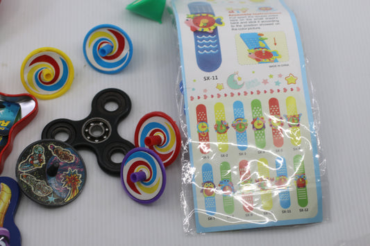 Mixed Toy Lot – Wooden Spinning Top, Fidget Spinner, Kids Slap Bracelet DIY