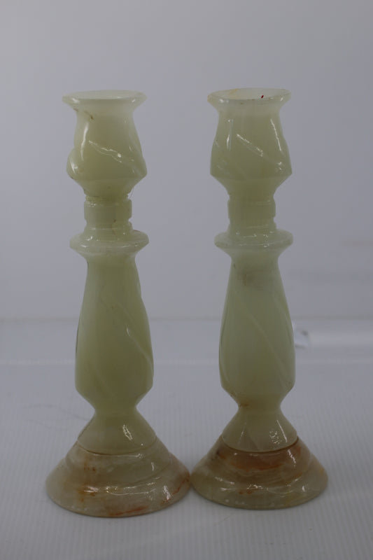 Vintage Green Onyx Stone Candlesticks Pair Hand Turned Marble Candle Holders