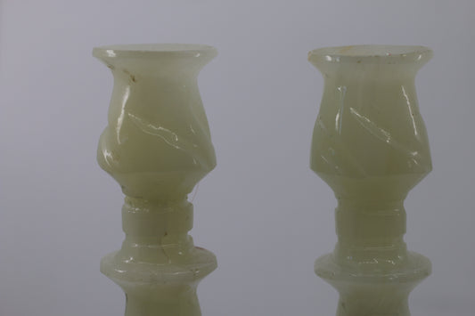 Vintage Green Onyx Stone Candlesticks Pair Hand Turned Marble Candle Holders