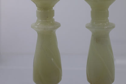Vintage Green Onyx Stone Candlesticks Pair Hand Turned Marble Candle Holders
