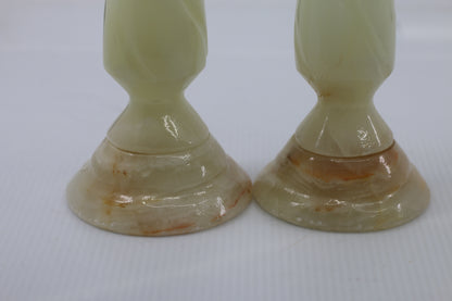 Vintage Green Onyx Stone Candlesticks Pair Hand Turned Marble Candle Holders